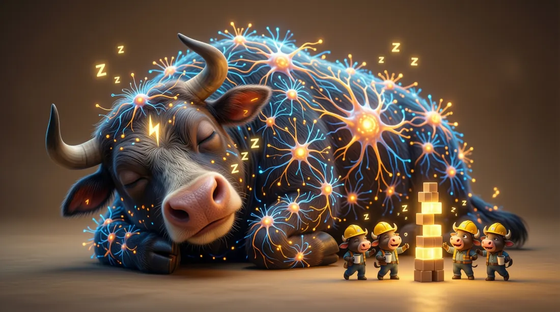 A giant sleepy ox made of 320 billion tiny glowing neurons, almost all snoring; just eighteen little worker-oxes awake in a lit corner wearing hard hats and stacking glowing blocks.